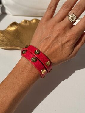 Tory Burch Double-Wrap Leather Bracelet with Gold Studs